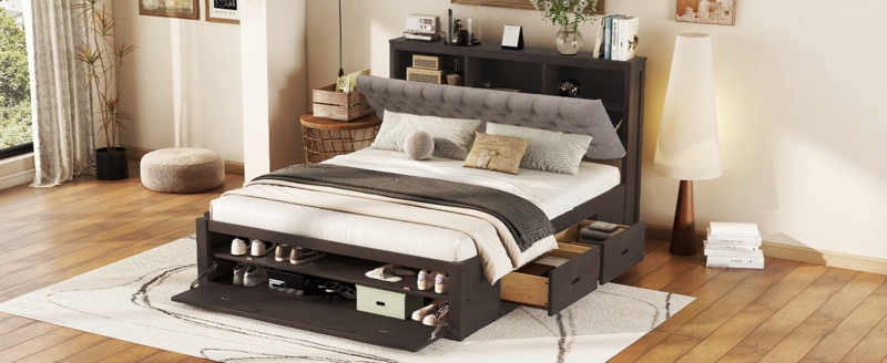 Platform Bed with Espresso Finish and Flip Down Headboard Storage