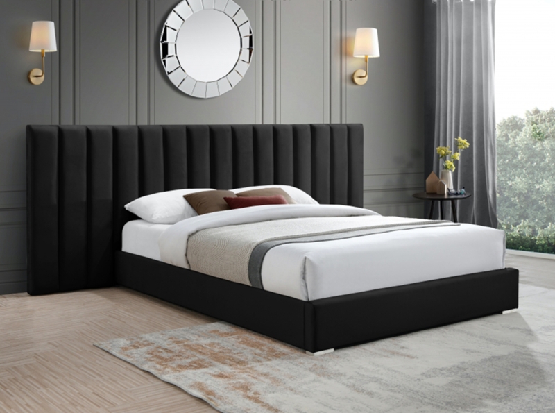 Platform Bed with Extended Channeled Headboard in Black Velvet