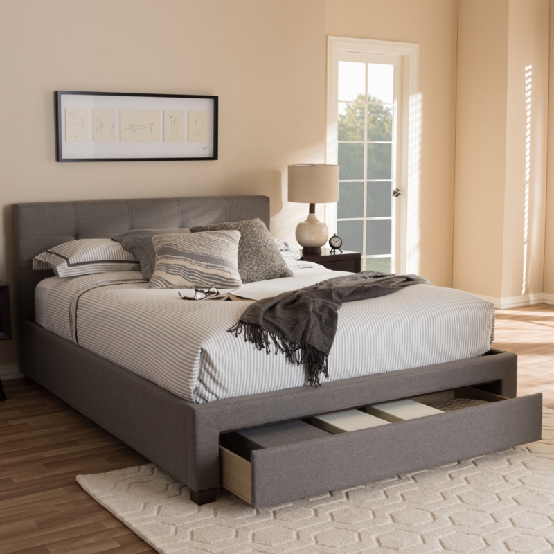 Platform Bed with Footboard Storage Drawer in Grey Upholstered Fabric