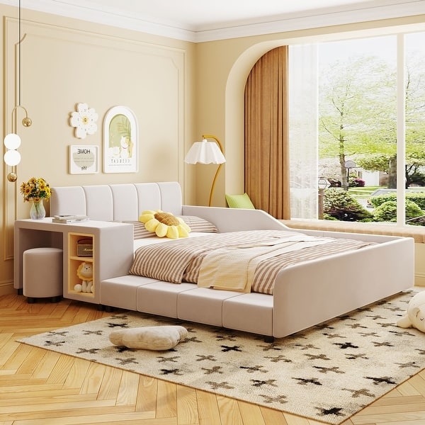 Platform Bed with Integrated Desk and Stool Cream Upholstery