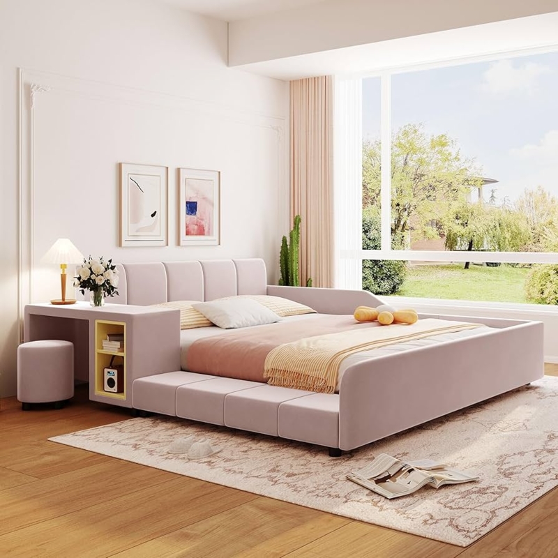 Platform Bed with Integrated Desk: Dusty Pink Velvet Upholstered Frame