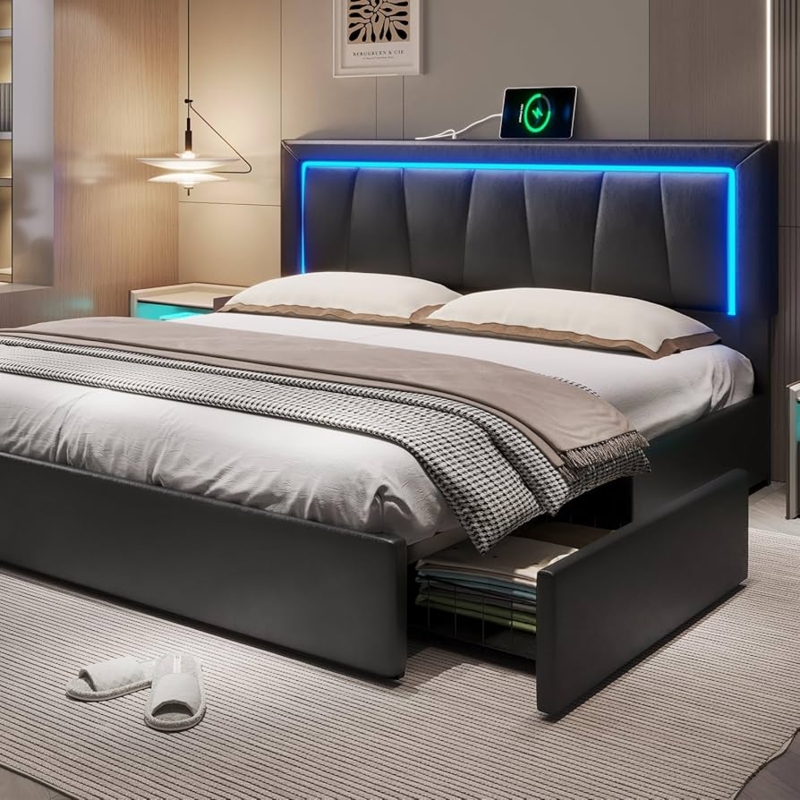 Platform Bed with Integrated LED Headboard and Storage Drawers, Black
