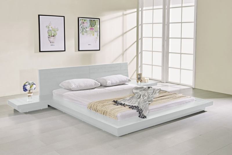Platform Bed with Integrated Nightstands in Ash White Finish