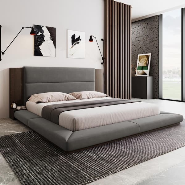 Platform Bed with Integrated Shelf and Wraparound Frame, Modern Gray