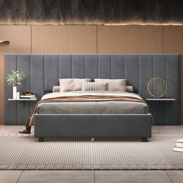 Platform Bed with Integrated Shelves in Charcoal Grey Velvet