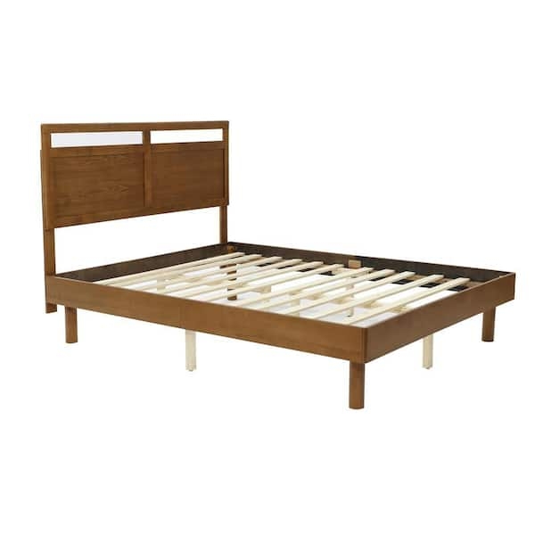Platform Bed with Integrated Slats, Double Panel Headboard & Brown Finish