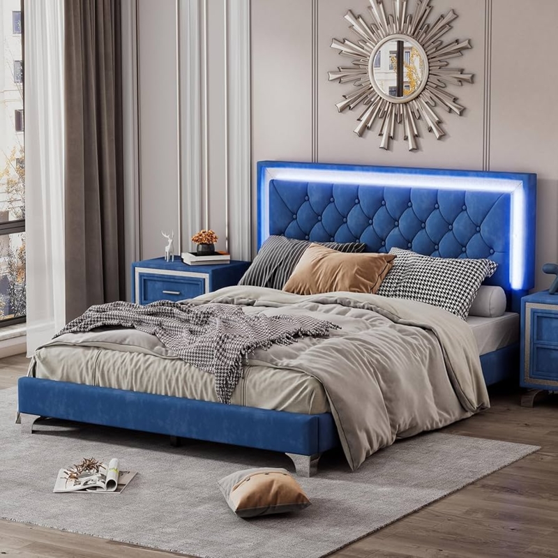 Platform Bed with LED Headboard, Royal Blue Velvet and Chrome Legs