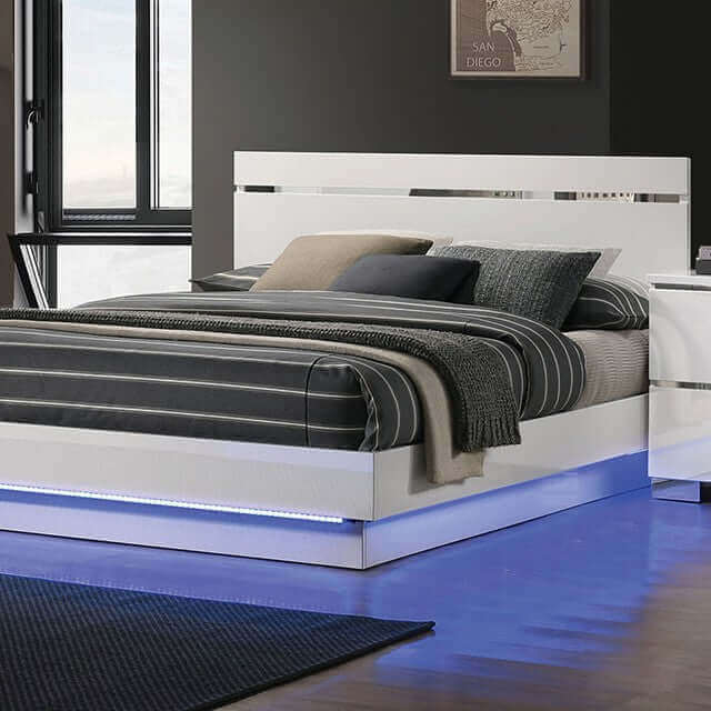 Platform Bed with LED Lighting and High-Gloss White Finish