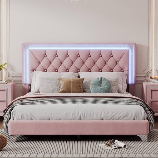 Platform Bed with LED Lights, Pink Velvet Diamond Tufted Headboard Modern