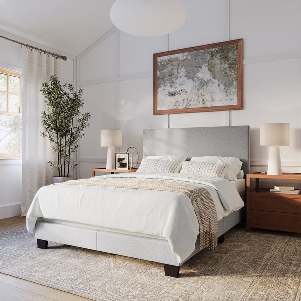 Platform Bed with Light Grey Upholstery & Low Profile Design