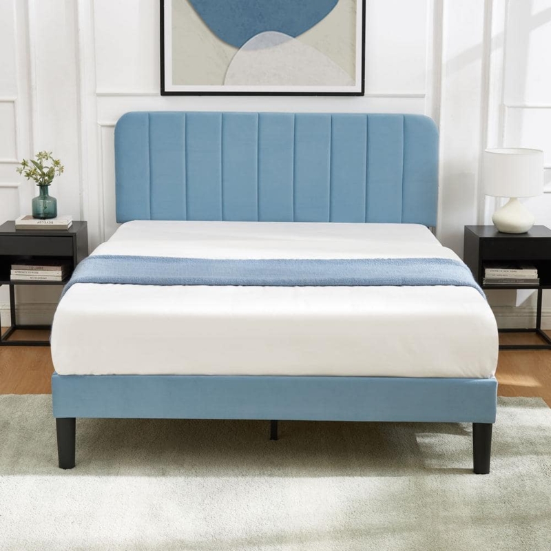 Platform Bed with Matte Black Legs and Light Blue Channel Tufting