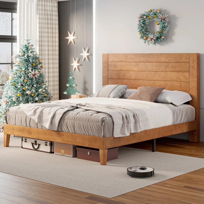 Platform Bed with Mid-Century Legs and Planked Headboard, Light Brown Wood
