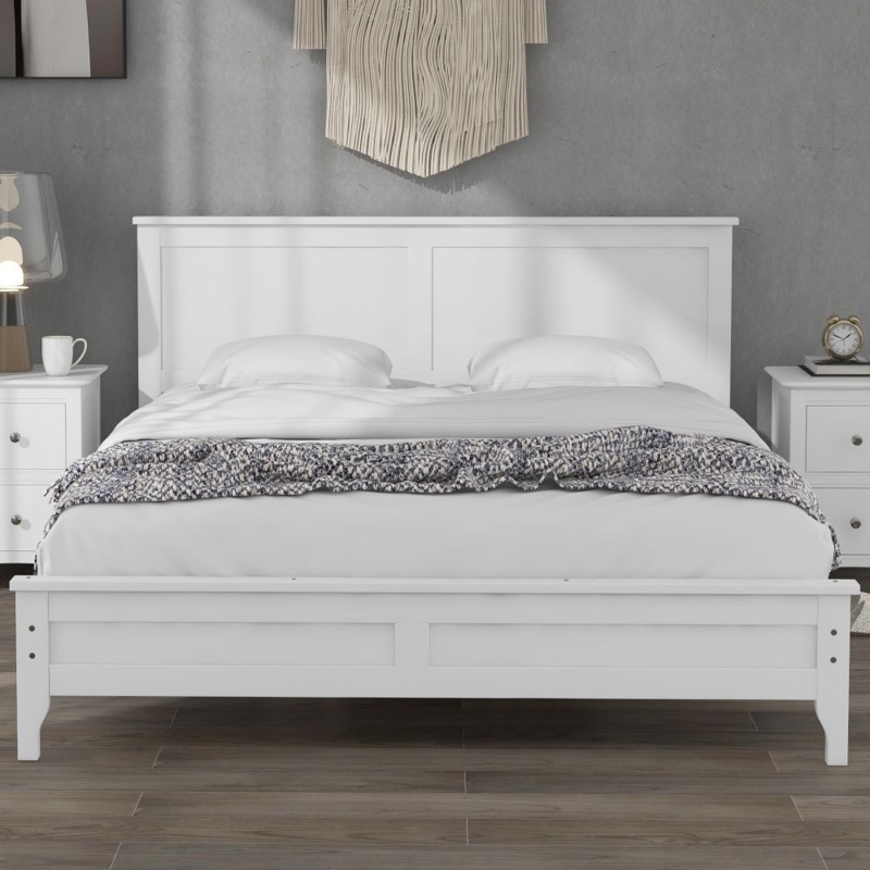 Platform Bed with Modern Paneled Headboard in Matte White Finish