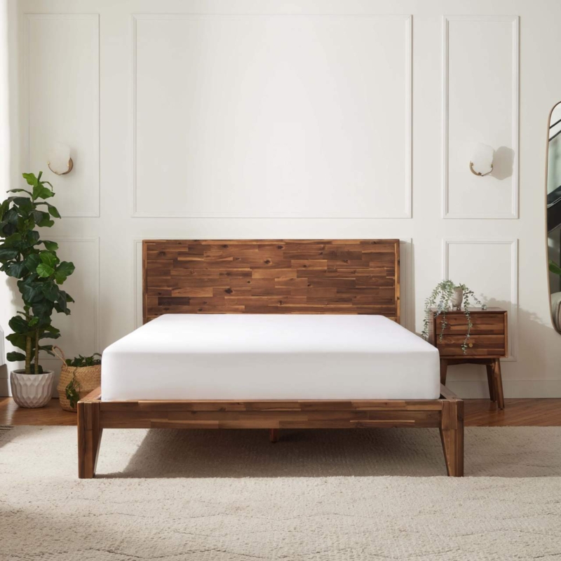 Platform Bed with Mosaic Wood Headboard & Tapered Legs, Mid-Century