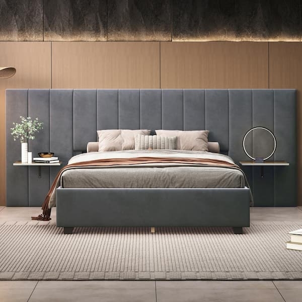 Platform Bed with Oversized Headboard and Integrated Shelves, Charcoal