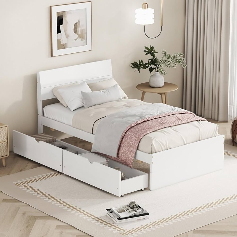 Platform Bed with Pull Out Drawers Under Bed Storage Matte Scandi Style