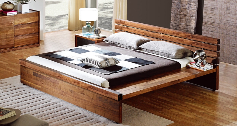 Platform Bed with Rich Walnut Grain Low Profile Silhouette Minimalist
