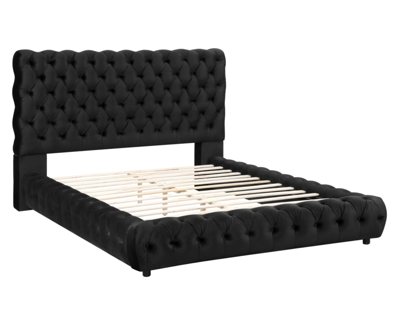 Platform Bed with Rolled Tufted Rails and Deep Diamond Buttoning