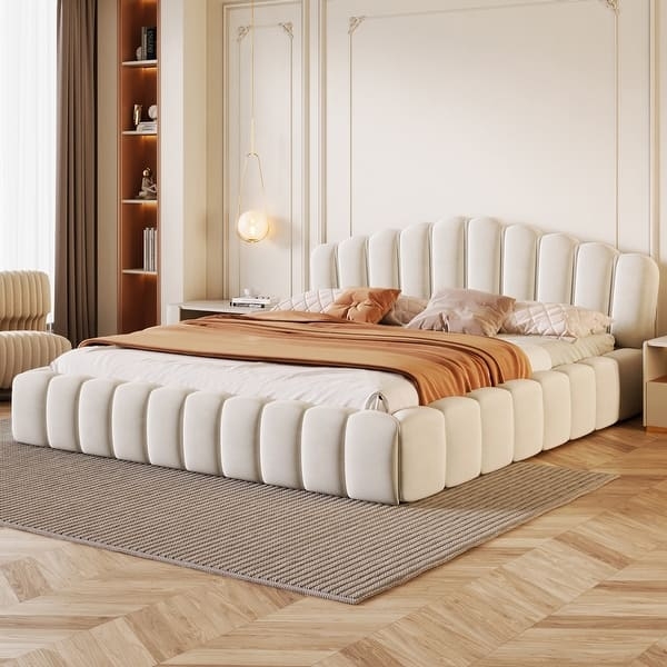 Platform Bed with Scalloped Headboard & Channeled Base in Velvet