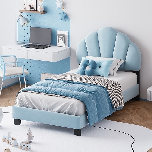 Platform Bed with Shell Shaped Headboard in Light Blue Upholstery