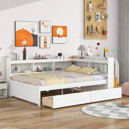 Platform Bed With Shelves, L-Shaped Bookcase, Dual Drawers