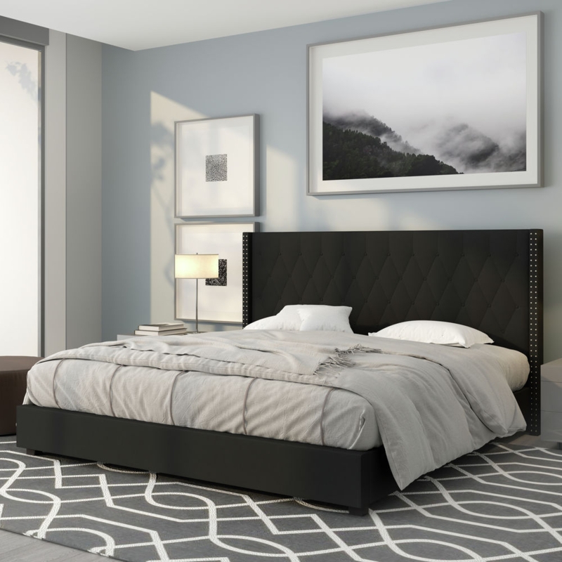 Platform Bed with Silver Nailhead Trim Black Diamond Stitching