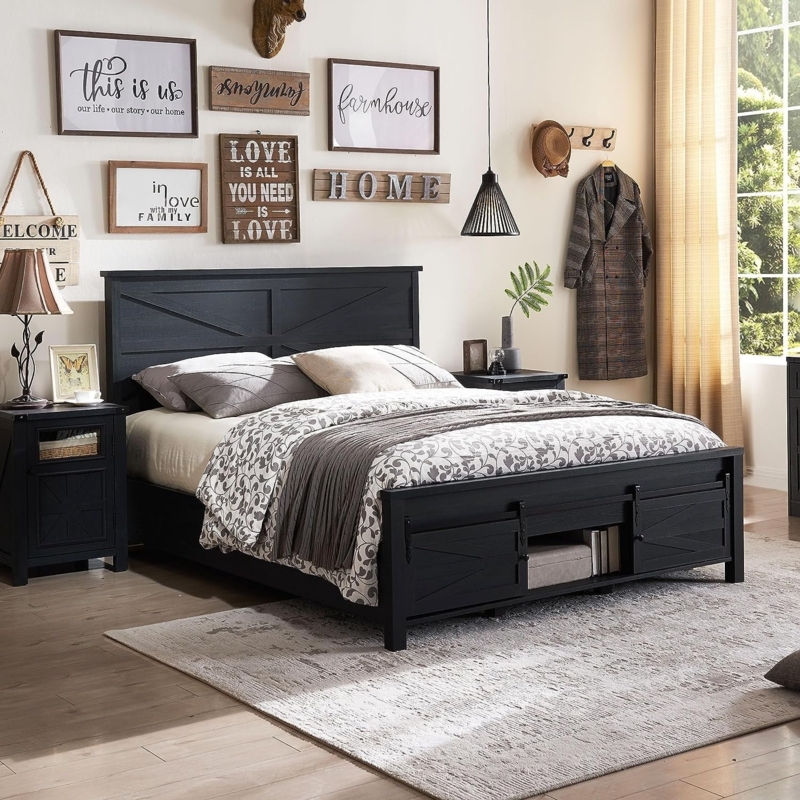 Platform Bed with Sliding Barn Doors and Matte Black X-Brace Headboard