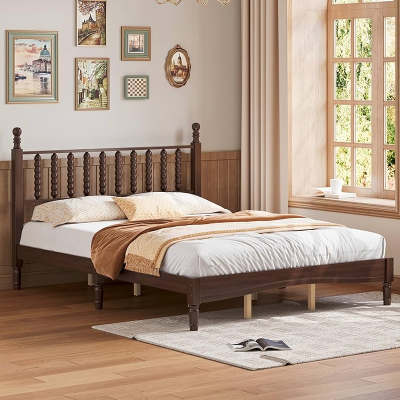 Platform Bed with Spindle Headboard and Tapered Legs in Walnut Finish.