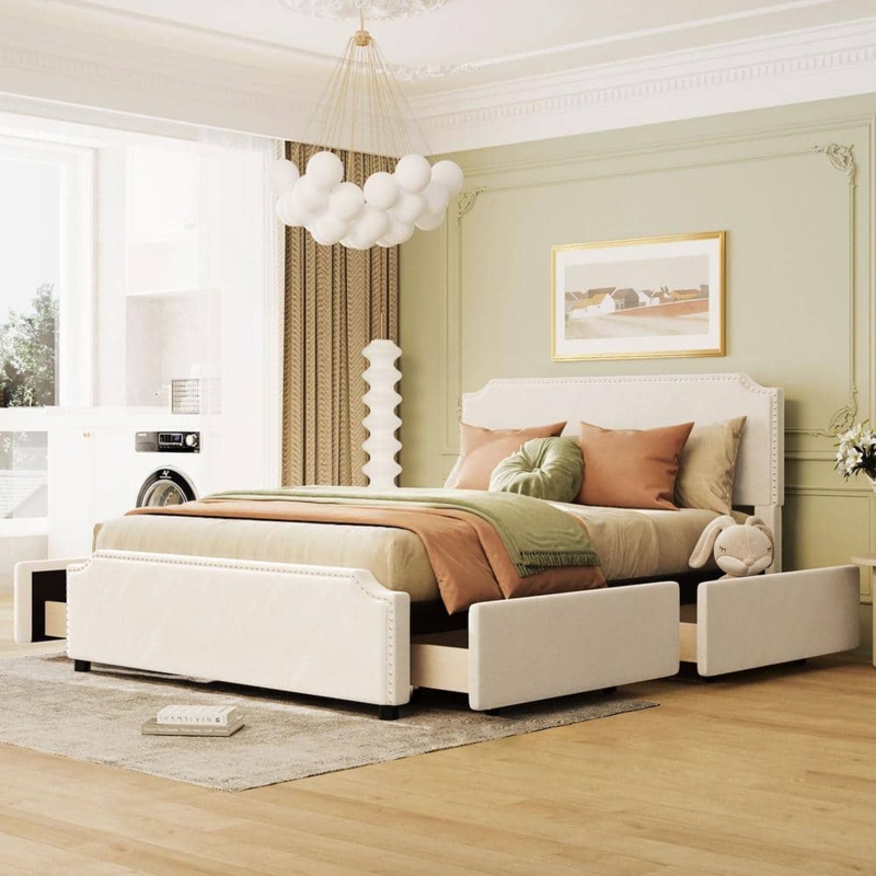 Platform Bed with Stud Trim and Four Under Bed Drawers, Beige Upholstery