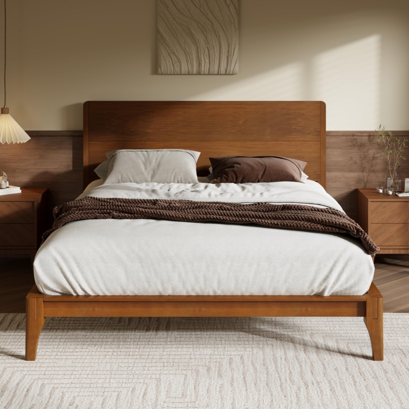 Platform Bed with Tall Headboard Mid-Century Wood Frame Tapered Legs