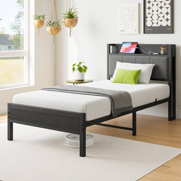 Platform Bed with Tech Integrated Headboard and Channeled Upholstery