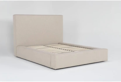 Platform Bed with Thick Upholstered Rails, Tall Flat Headboard, Natural