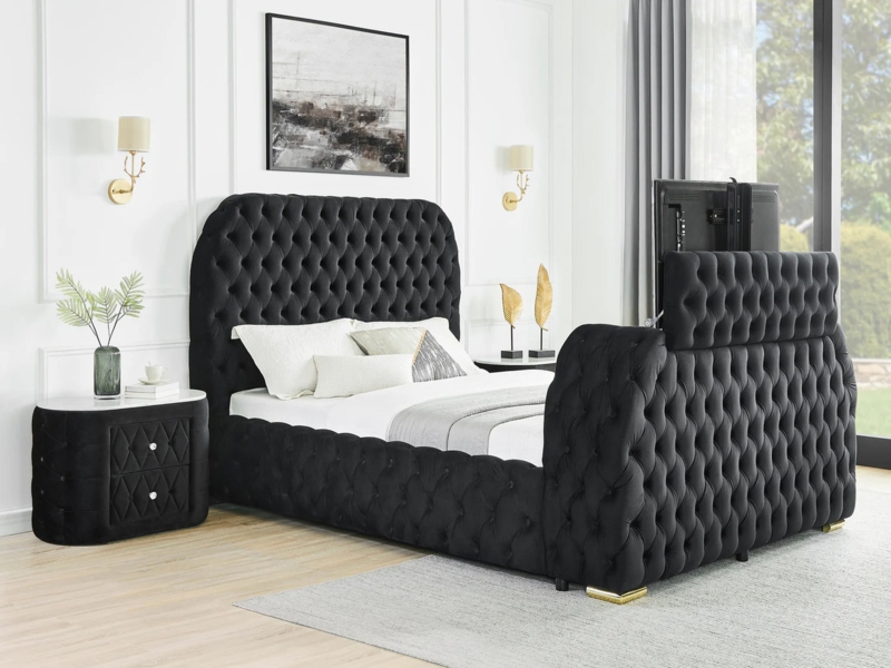 Platform Bed with TV Lift Diamond Tufted Black Velvet Gold Legs