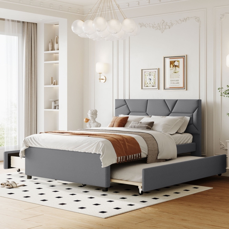 Platform Bed with Twin Trundle, Geometric Paneled Headboard, Gray Fabric
