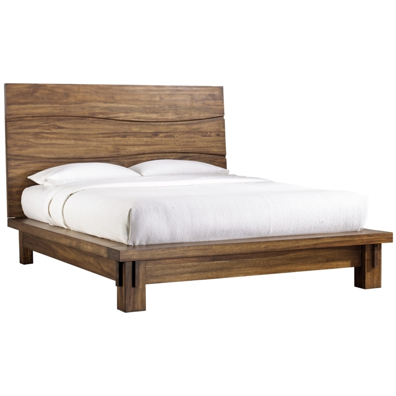 Platform Bed with Wave Carved Headboard and Low Profile Base, Brown