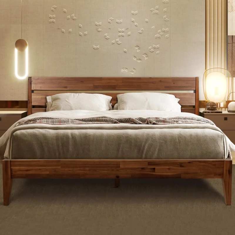 Platform Bed Wood Toned Slat Headboard Tapered Legs Organic Modern