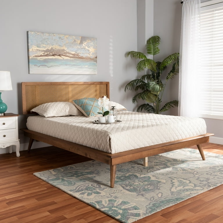 Platform Bed Woven Cane Rattan Headboard Wood Finish Tapered Legs