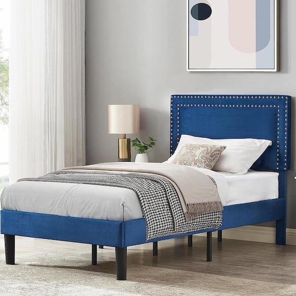 Platform Bed, Woven Fabric Upholstery with Silver Nailhead Trim Detail