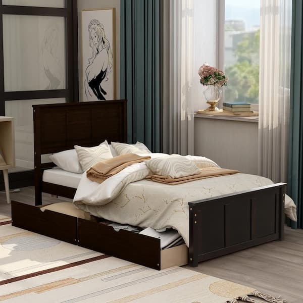 Platform Storage Bed in Espresso Wood Tone with Rolling Drawers