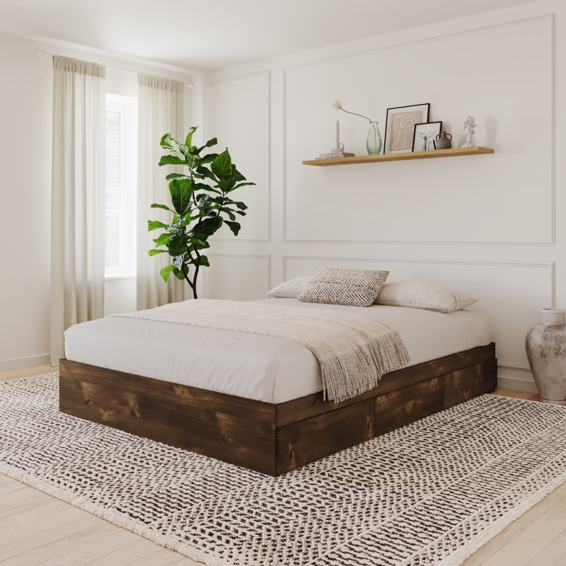 Platform Storage Bed Walnut Finish Three Drawers Minimalist Design