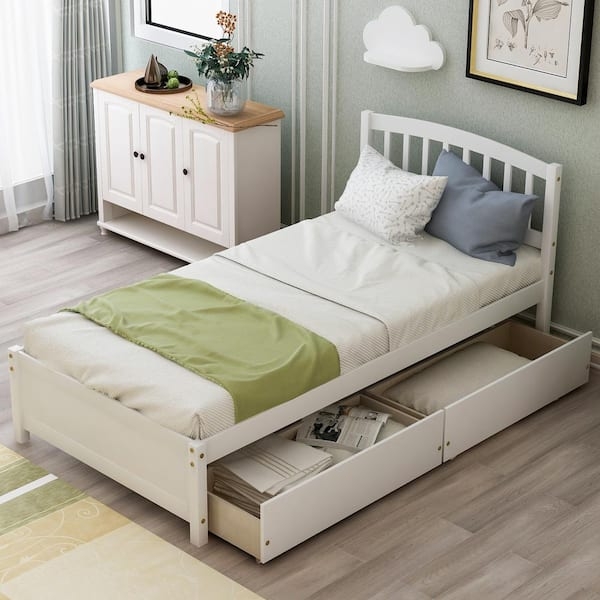Platform Storage Bed White Finish Two Drawers Coastal Style