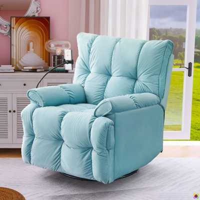 Plush Aqua Swivel Recliner featuring Deep Tufting and Phone Holder