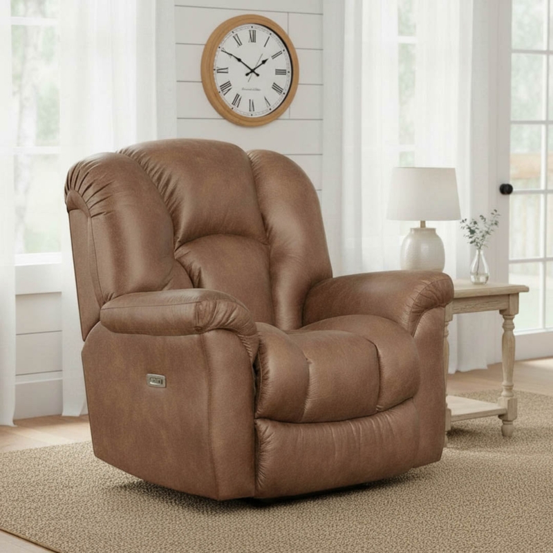 Plush Brown Power Recliner with Pleated Arm Detailing & Rocker Base