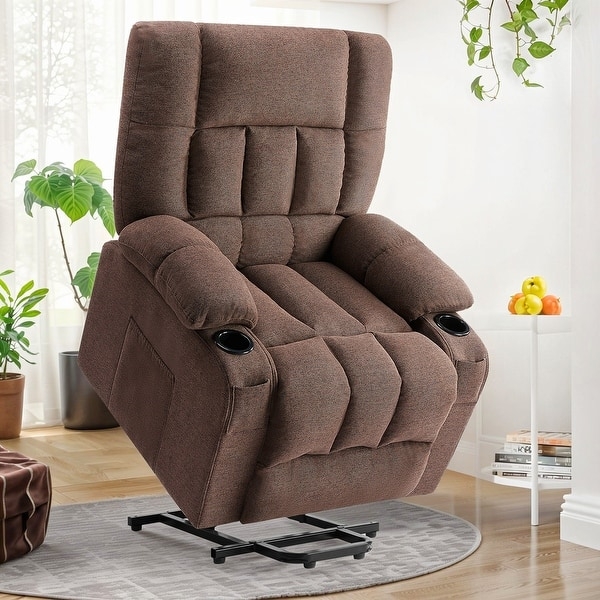 Plush Brown Upholstered Lift Recliner with Cup Holders