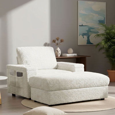 Plush White Faux Fur Recliner with Storage Ottoman & Cup Holder