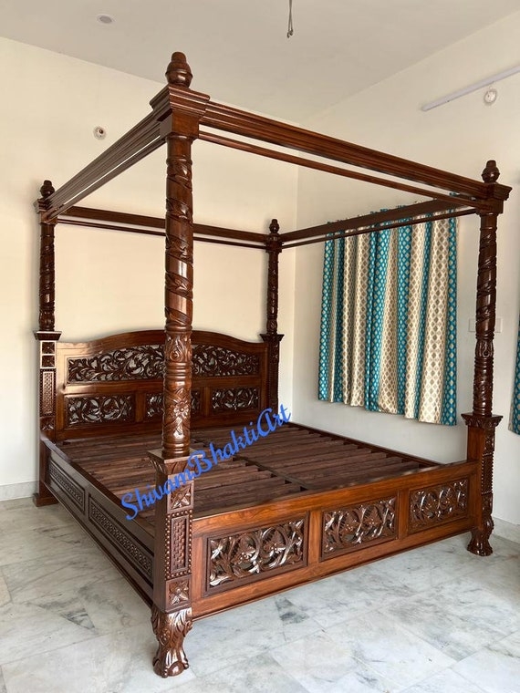 Poster Bed Hand-Carved Floral Details Teak Finish Ornate Frame