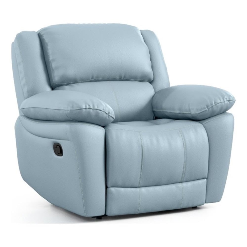 Powder Blue Leather Recliner with Pillow Armrests