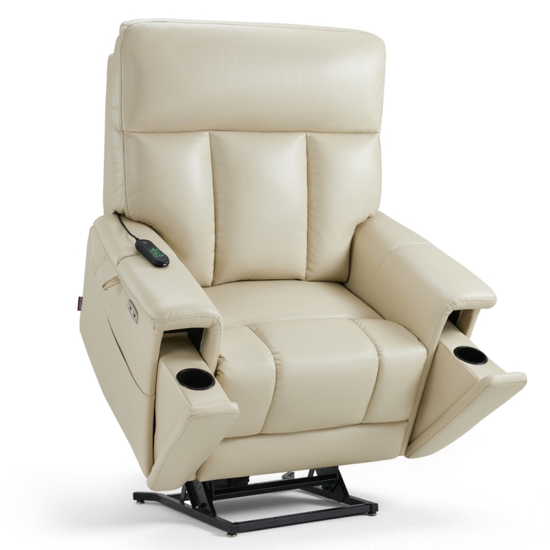 Power Lift Chair in Off-White Faux Leather with Hidden Cup Holders