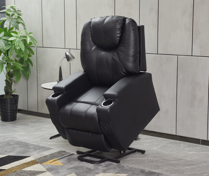 Power Lift Chair Recliner Dual Cup Holders Side Pockets Leather-Like