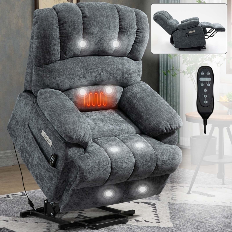 Power Lift Recliner Blue Gray Chenille Fabric Heat Massage USB